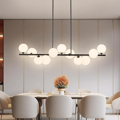 Linear Chandeliers for Dining Room,11 Light Globe Sputnik Chandelier with Milk White Glass 51inch Black Dining Room Light Fixture, Large Modern Chandelier for Kitchen Island