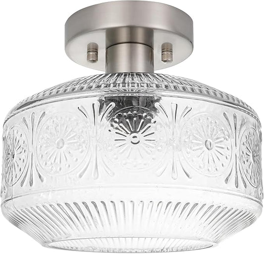 DSMJFU Semi Flush Mount Ceiling Light, Vintage Small Ceiling Light Fixture, Thickened Glass Hallway Light Fixture, Brushed Nickel Kitchen Ceiling Mount Lamp for Entry Way, Bedroom, Bathroom