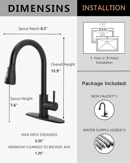 Matte Black Kitchen Faucet with Pull Down Sprayer, Modern Stainless Steel Single Handle Pull Down RV Farmhouse Bar Laundry Kitchen Sink Faucet with Deck Plate for 1 or 3 Hole, UF-KYT010B-D