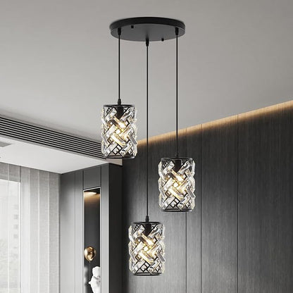 Pendant Lights Kitchen Island, Black Crystal Chandelier Pendant Lighting 3 Light, Adjustable Modern Kitchen Island Lights Ceiling Hanging Cluster Pendant Light Fixture for Dining Room Entryway Foyer