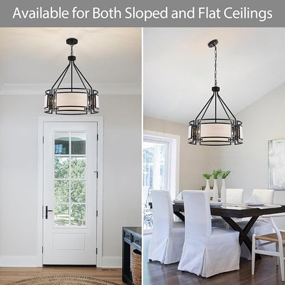 20'' Black Drum Chandeliers, 5Lights Black and White Drum Chandelier Modern Industrial Pendant Light Fixture, Adjustable Fabric Chandelier for Dining Room Kitchen Island Living Room Foyer E26