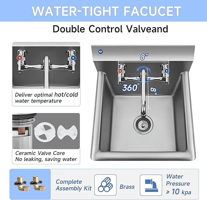 ROCKPOINT Stainless Steel Prep & Utility Sink with 8" Faucet, 1 Compartment Commercial Handmade Sink with 24" D x 24" W x 13" H Bowl for Restaurant,Kitchen,Laundry,Hotel and Home