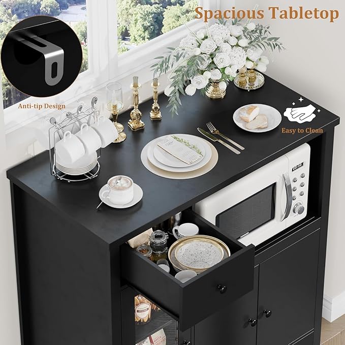 Storage Cabinet with Adjustable Shelves & Microwave Stand, Buffet Sideboard with Drawer, Single and Double Doors for Kitchen, Dining Room, Black