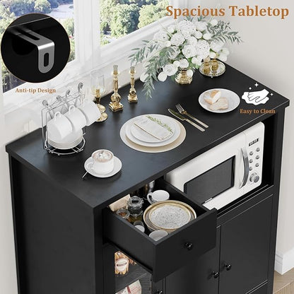 Storage Cabinet with Adjustable Shelves & Microwave Stand, Buffet Sideboard with Drawer, Single and Double Doors for Kitchen, Dining Room, Black