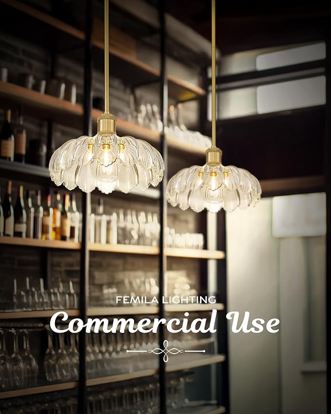 FEMILA 2 Pack Vintage Light Fixtures, Flower Glass Pendant Lights Kitchen Island, Brushed Gold Antique Chandelier, Hanging Light Fixture for Bedroom Hotel Living Room, 4FJX82MIL-2PK BG