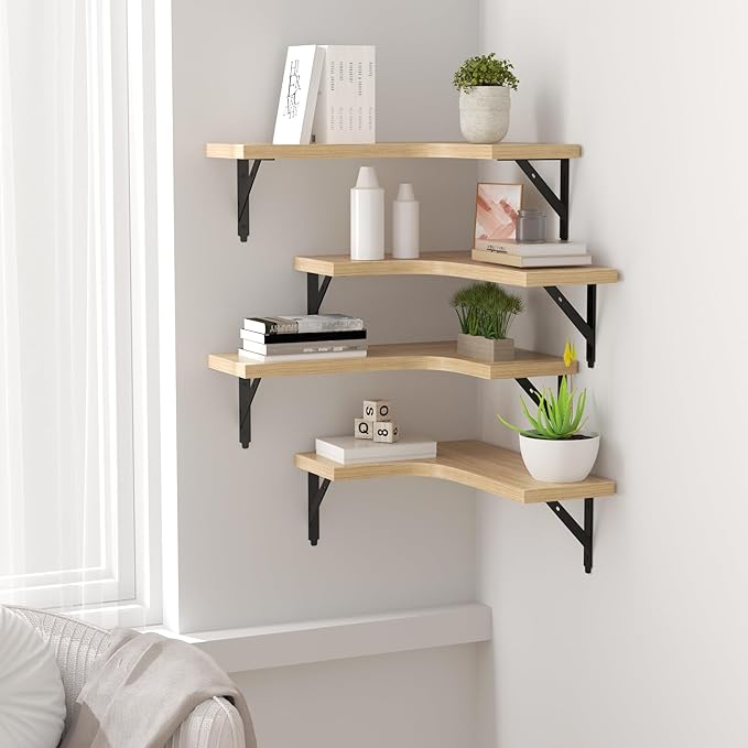 ROMGUAR CRAFT Corner Floating Shelves Wall Mounted Set of 4, Rustic Wood Storage Display Wall Shelves for Home Decor, Bathroom, Kitchen, Bedroom, Living Room, Office (Natural)
