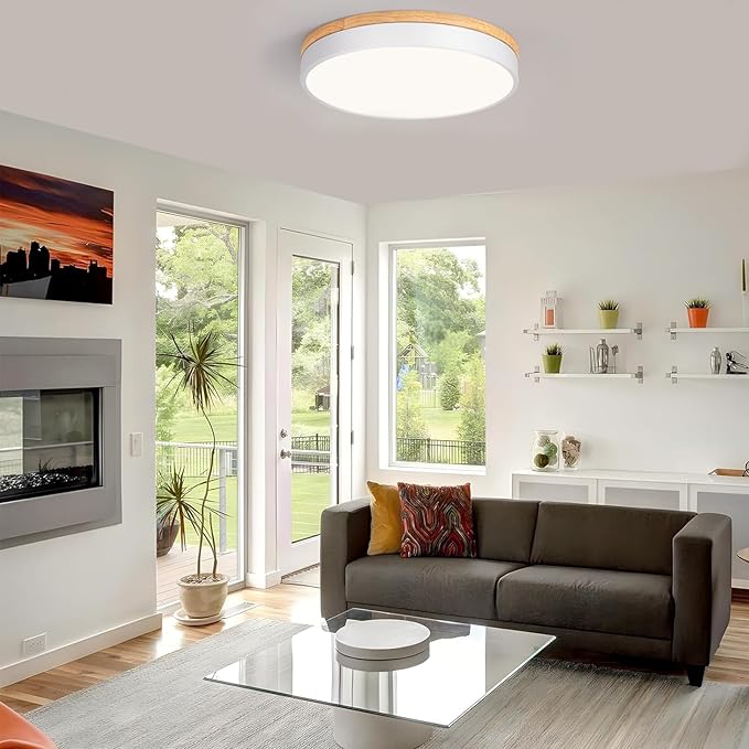 Modern Wood Flush Mount Ceiling Light, White LED 5CCT 2700K-6000K Dimmable Ceiling Light Fixtures, Round Close to Lighting Fixture for Kitchen Living Room Dining Room Bedroom-15.8in