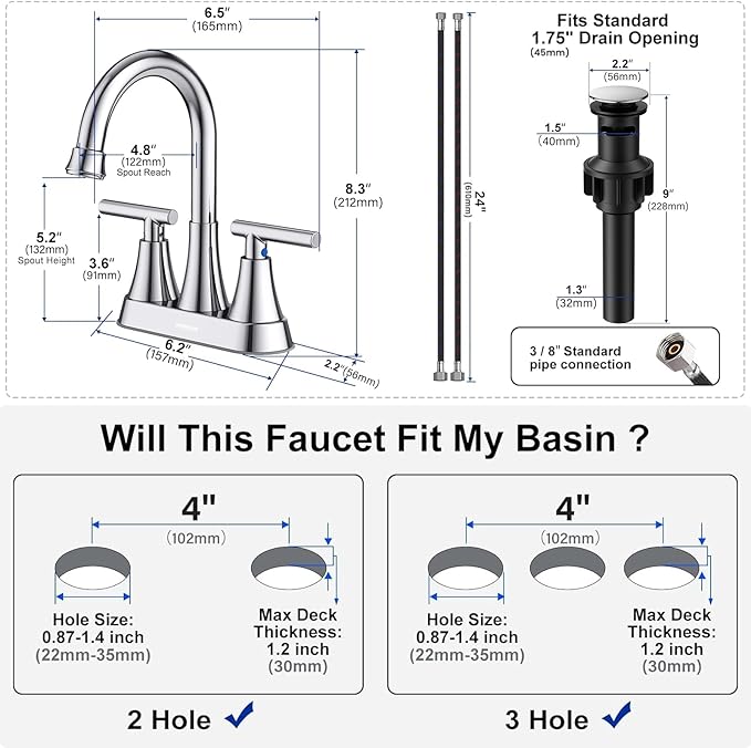 Bathroom Faucets for Sink 3 Hole, Hurran 4 inch Chrome Bathroom Sink Faucet with Pop-up Drain and Supply Hoses, Stainless Steel Lead-Free 2-Handle Centerset Utility Faucet for Sink Vanity RV