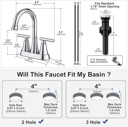Bathroom Faucets for Sink 3 Hole, Hurran 4 inch Chrome Bathroom Sink Faucet with Pop-up Drain and Supply Hoses, Stainless Steel Lead-Free 2-Handle Centerset Utility Faucet for Sink Vanity RV