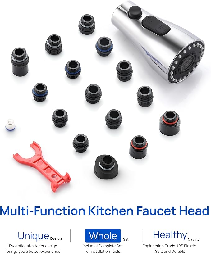 J-HVA Pull Down Kitchen Faucet Sprayer Head Replacement Part, 3 Function kitchen Sink Faucet Replacement Nozzle, Kitchen Faucet Head Hose Spray Tap Spout, Chrome (15 Connectors)