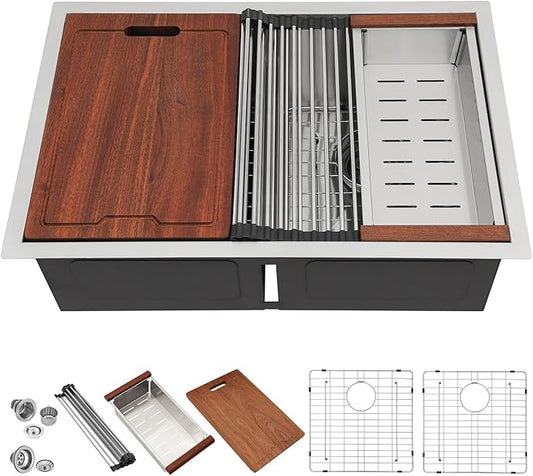 Lordear 28 Inch Undermount Double Bowl Kitchen Sink -16 Gauge Stainless Steel Workstation Sink 50/50 28x19 Double Basin Under Counter Handmade Kitchen Sinks