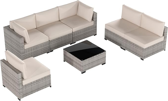 Patio Furniture Set, 7-Piece Outdoor Sectional Couch with Coffee Table & Thick Cushions, Outdoor Wicker Conversation Set for Backyard, Poolside, Garden (Grey White-White, 7 Piece-Single)