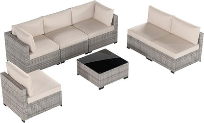 Patio Furniture Set, 7-Piece Outdoor Sectional Couch with Coffee Table & Thick Cushions, Outdoor Wicker Conversation Set for Backyard, Poolside, Garden (Grey White-White, 7 Piece-Single)