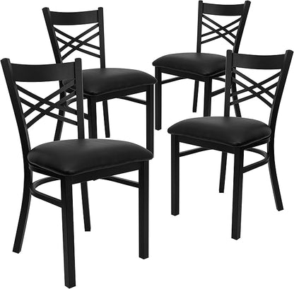 Flash Furniture 4 Pack HERCULES Series Black ''X'' Back Metal Restaurant Chair - Black Vinyl Seat