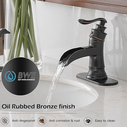 BWE Waterfall Bathroom Faucet Oil Rubbed Bronze Antique, Single-Handle One Hole Sink Faucet for Farmhouse Bath Vanity Lavatory Restroom, Solid Brass Construction