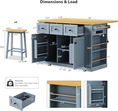 YOPTO 53" Large Kitchen Island Set with 2 Bar Stools, Power Outlet & Storage, Drop Leaf, 3 Drawers & 5 Open Racks, Grey Blue
