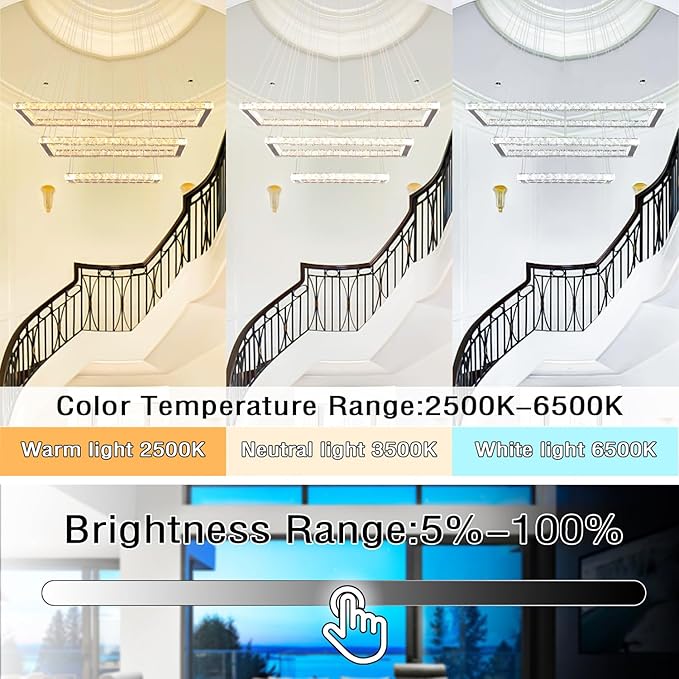 Finktonglan Dimmable Crystal Chandelier, Modern 3 Rectangular Ring LED Pendant Light with Remote & App Control, 31.4" Adjustable Hanging Height, 2500K-6500K, Kitchen Island Dining Room Stairwell Foyer