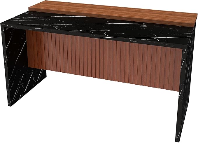 JOSHEN 63" Marble-Look Extendable Dining Table, Kitchen Work Island with Adjustable LED Lights, Kitchen Island Table with Grille Details for Kitchen Dining Areas, Walnut+Black