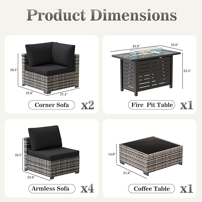 Patio Furniture Set 7 Pieces Conversation Set Wicker Outdoor Sectional Sofa,Ergonomic Armrests Couch with Cushion and Glass Table (White-Black, 8 Piece-Fire Table)