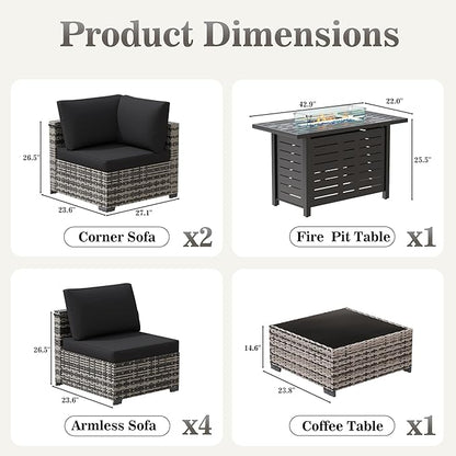 Patio Furniture Set 7 Pieces Conversation Set Wicker Outdoor Sectional Sofa,Ergonomic Armrests Couch with Cushion and Glass Table (White-Black, 8 Piece-Fire Table)