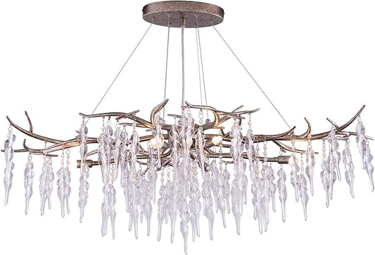 VAXCEL Rainier 6 Light Silver Linear Crystal Waterfall Chandelier, Kitchen Island Pendant Fixture, Silver Mist Finish, Dimmable Ceiling Mounted Lighting