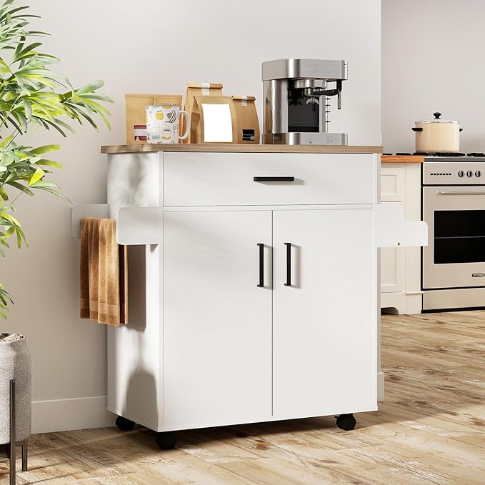 Giantex Kitchen Island with Storage, 41.5" W Rolling Island Table with Cabinet, Drawer, Towel Rack & Spice Rack, Bar Kitchen Cart On Wheels for Living Dining Room, White