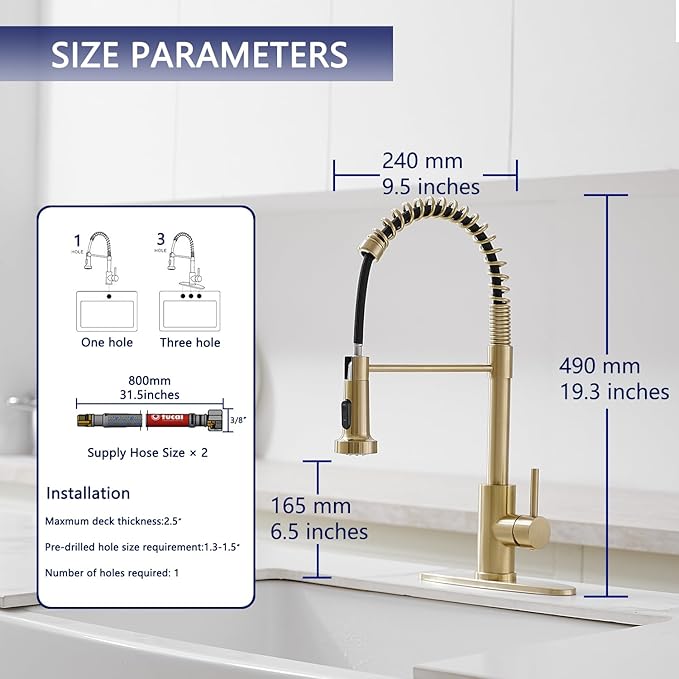 VOTON Kitchen Faucets with Pull Out Sprayer Commercial Spring Sink Faucet Stainless Steel Brushed Gold Pull Down Single Handle Farmhouse faucets with Deck Plate for Camper Laundry Utility Rv Wet Bar