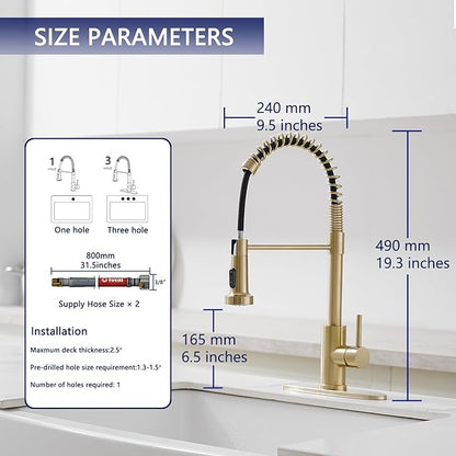 VOTON Kitchen Faucets with Pull Out Sprayer Commercial Spring Sink Faucet Stainless Steel Brushed Gold Pull Down Single Handle Farmhouse faucets with Deck Plate for Camper Laundry Utility Rv Wet Bar