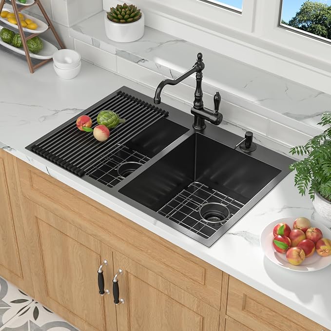 Mocoloo Double Bowl Kitchen Sink Drop in 33 x 22 Sink Gunmetal Black Double Bowl 50/50 Stainless Steel 16 Gauge Handmade, 10'' Deep Sinks