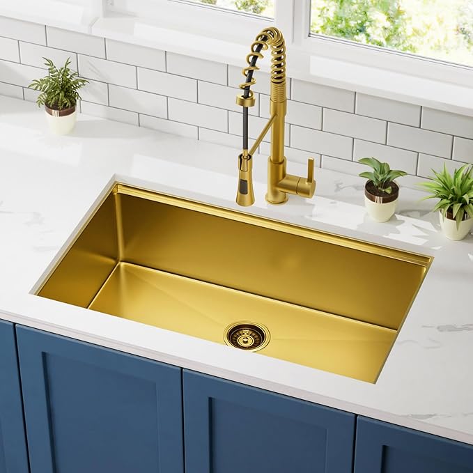 30 inch Gold Stainless Steel Undermount Kitchen Sink - CELAENO 30x18x10 Handmade 16 Gauge Single Bowl Workstation Sink, 10 Inch Deep Kitchen Sink is Equipped with Various Accessories