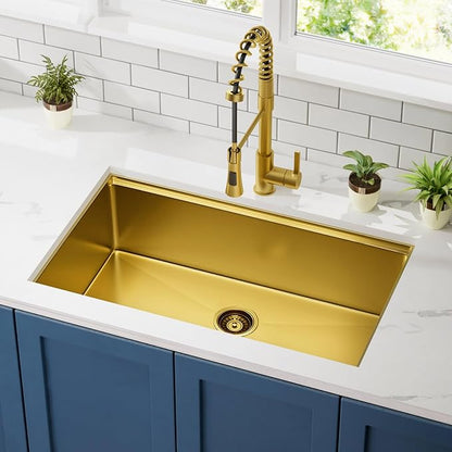 30 inch Gold Stainless Steel Undermount Kitchen Sink - CELAENO 30x18x10 Handmade 16 Gauge Single Bowl Workstation Sink, 10 Inch Deep Kitchen Sink is Equipped with Various Accessories