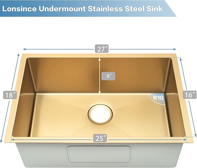 Gold Kitchen Sink,Undermount Kitchen Sink 27 X 18 inch,Single Bowl 16 Gauge Stainless Steel Undermount Sinks