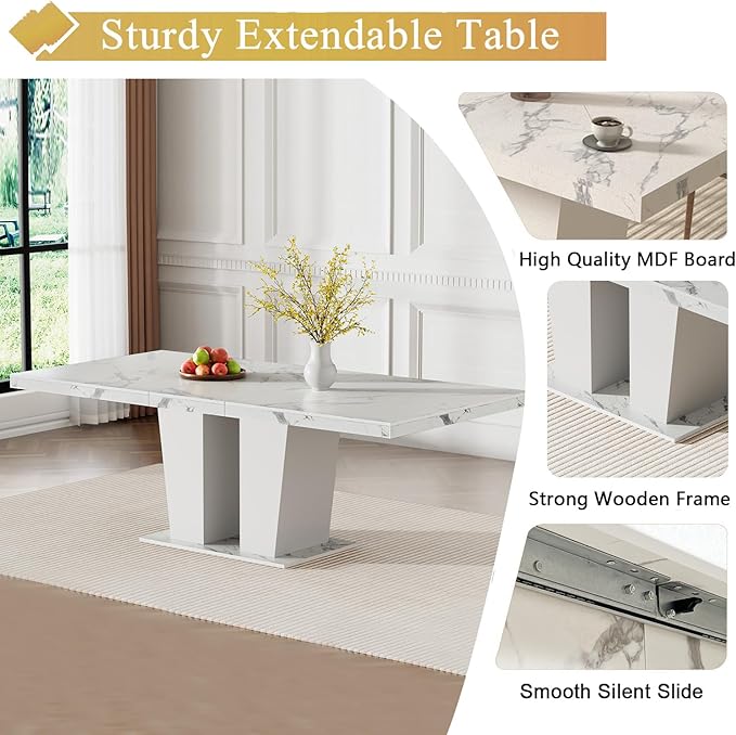Goujxcy 5-Piece Extendable Dining Table Set for 4-8 People 63-78 Inch Kitchen Table Set with 4 Blue Upholstered Chairs Modern White Faux Marble Rectangular Dining Room Table Set for Kitchen Apartment