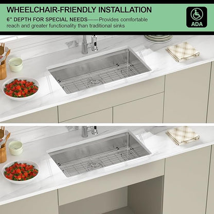 30 Inch Undermount Kitchen Sink - Beslend ADA 6 Inch Depth 30x18 Undermount Worksation Sinks Under Counter Stainless Steel 16 Gauge Mobility Friendly Sink for Wheelchair Accessible Kitchen