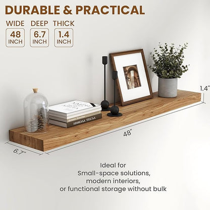 48 Inch Floating Shelves, Rustic Elm Wood Wall Shelves for Farmhouse, Bedroom, Kitchen, Wall-Mounted Long Floating Shelf Heavy-Duty Bracket, Solid Wood Shelf Set of 1 for Home Decor Display, Natural
