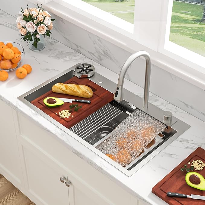 Sarlai Waterfall Kitchen Sink - 33 Inch Drop In Workstation Sink With Waterfall Stainless Steel 16 Gauge Multifunction Single Bowl Smart Top Mount Kitchen Sinks with Mechanical Keys 33x19x9 Inch