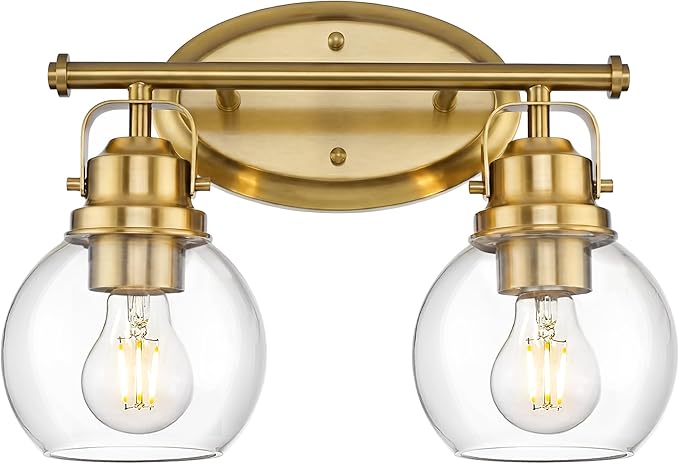 Gold Bathroom Light Fixtures, 2-Light 14" Vanity Lights with Clear Globe Glass Shades, Farmhouse Vintage Vanity Lighting Fixtures Over Mirror, E26 Base, AD-2147-2W-BG