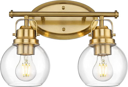 Gold Bathroom Light Fixtures, 2-Light 14" Vanity Lights with Clear Globe Glass Shades, Farmhouse Vintage Vanity Lighting Fixtures Over Mirror, E26 Base, AD-2147-2W-BG