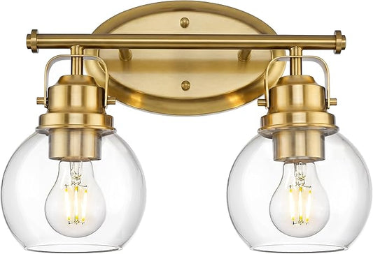 Gold Bathroom Light Fixtures, 2-Light 14" Vanity Lights with Clear Globe Glass Shades, Farmhouse Vintage Vanity Lighting Fixtures Over Mirror, E26 Base, AD-2147-2W-BG