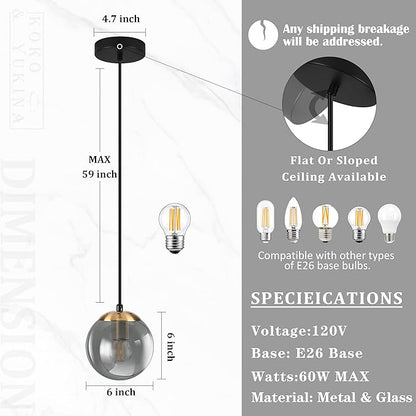 KoKo&Yukina 6 Inch Globe Pendant Light Gold Globe Pendant Lights Kitchen Island Mid Century Light Fixture with Grey Glass Shade for Dining Room