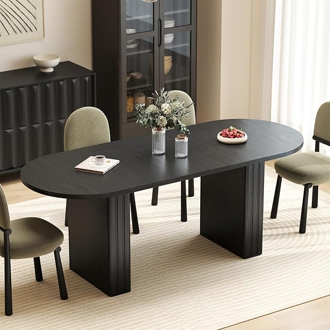 Zevemomo 62.99"-78.74" Oval Expandable Dining Table, Extendable Dining Room Table for 4-8 People with Wooden Strip Base, Modern Kitchen Table with Slide Metal Track, for Family Living Room-Black