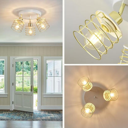 Semi Flush Mount 3-Light Kitchen Ceiling Fixture, Multi-Directional Lights for Kitchen, Farmhouse, Hallway, Dining Room, Entryway (White & Gold)