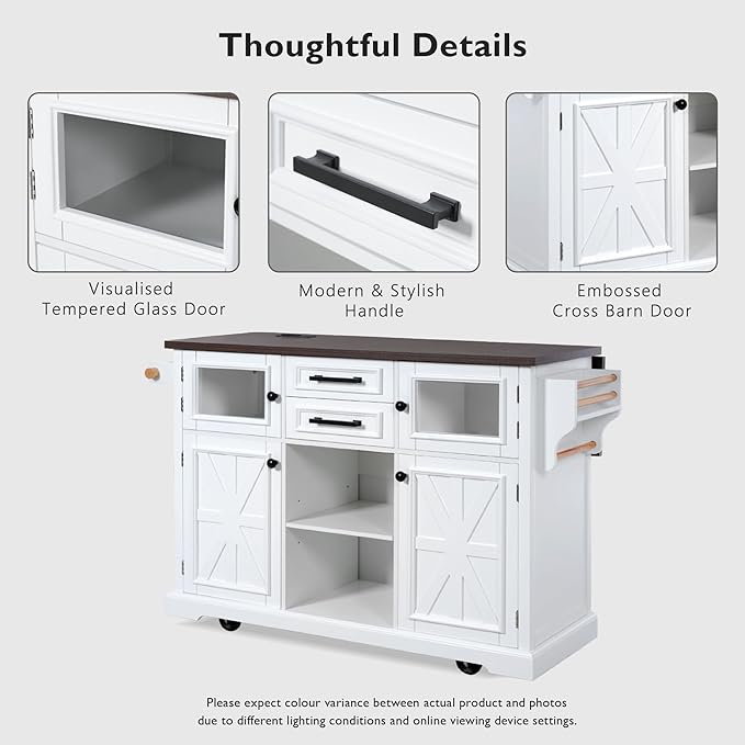 54.9" Kitchen Island with Drop Leaf and Drawers, Rolling Kitchen Cart with Shelves and Storage Cabinet, Kitchen Prep Table on Wheels with Power Outlet and Cross Barn Doors & Visual Glass Door White