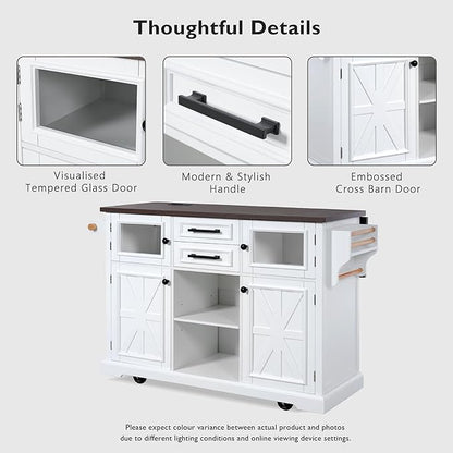 54.9" Kitchen Island with Drop Leaf and Drawers, Rolling Kitchen Cart with Shelves and Storage Cabinet, Kitchen Prep Table on Wheels with Power Outlet and Cross Barn Doors & Visual Glass Door White