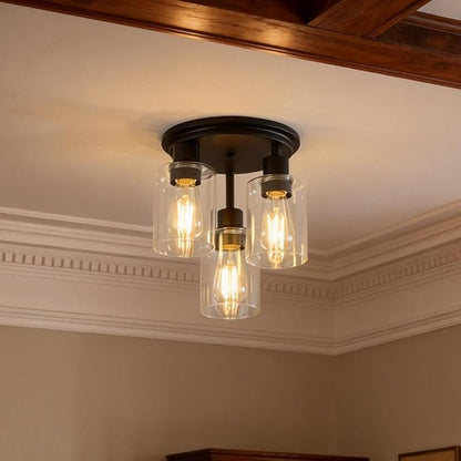ROTTOGOON Semi Flush Mount Ceiling Light, Close to Ceiling Lights Fixtures, 3 Light Kitchen Ceiling Lights Fixtures with Glass Shades, Hallway Light Fixtures Ceiling Mount for Foyer, Black