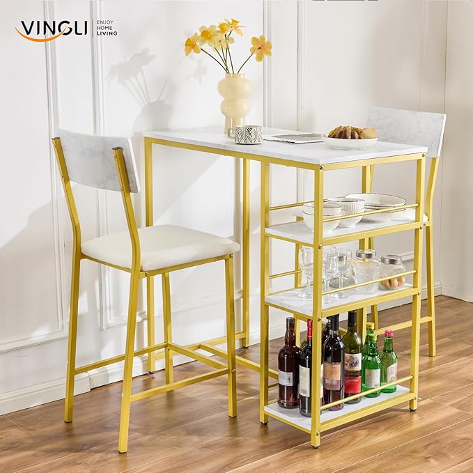 VINGLI Dining Table Set for 2, Kitchen Breakfast Counter Height Small 3 Piece Bar Table and Chairs Set with Storage, White Imitation Marble, Golden Frame