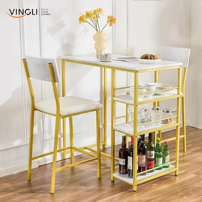 VINGLI Dining Table Set for 2, Kitchen Breakfast Counter Height Small 3 Piece Bar Table and Chairs Set with Storage, White Imitation Marble, Golden Frame