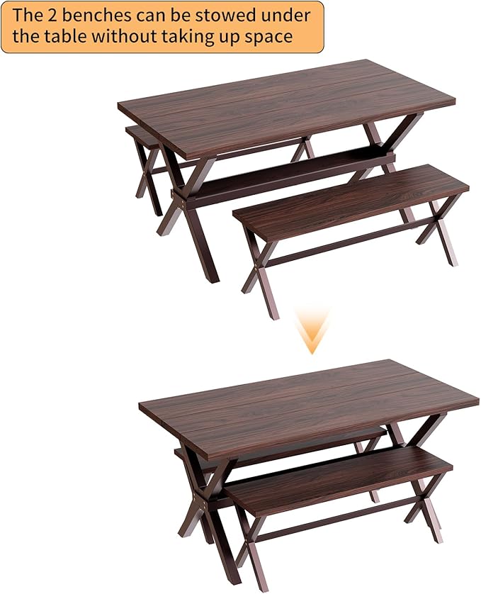 HIPIHOM 63" MDF Kitchen Table Set for 4 with Storage Shelves, Wooden Dining Table with 2 Benches, Thickened Surface and Strong Metal Frame, for Small Apartment Furniture Compact Dining Areas