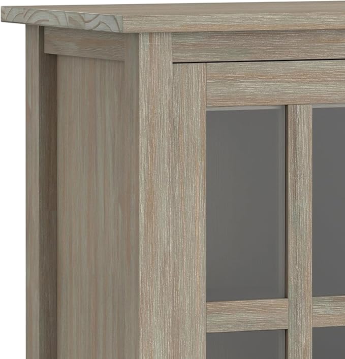 SIMPLIHOME Warm Shaker Storage Cabinet - 32 inch Wide Solid Wood 2-Shelf Low Storage Cabinet in Distressed Grey, Transitional Accent Cabinet for Entryway with Tempered Glass Doors and Shelves