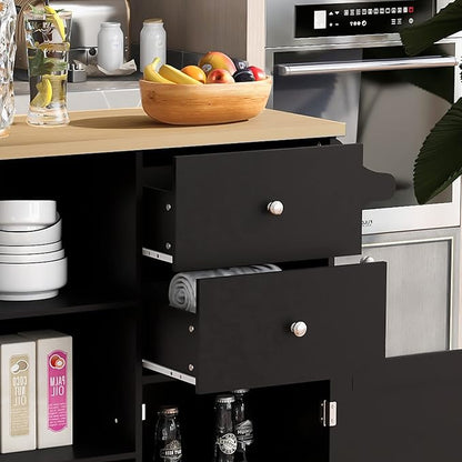 Fashion Store Kitchen Island Cart with Rubber Wood Top and 2 Drawers,4 Wheels and 3 Open Shelves,for Kitchen,Dining Room,Bathroom,Living Room (Black@E)
